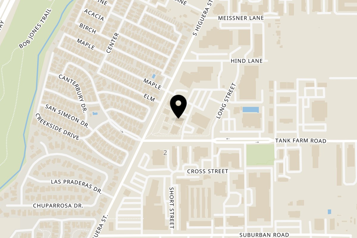 Map showing the location of California Tacos Cantina and Distillery San Luis Obispo on 110 Tank Farm Rd STE 100 in San Luis Obispo